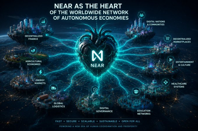 A promotional graphic for NEAR Protocol with the text 'NEAR AS THE HEART OF THE WORLDWIDE NETWORK OF AUTONOMOUS ECONOMIES' and labeled sectors including Decentralized Finance, Healthcare Systems, and Education Networks.