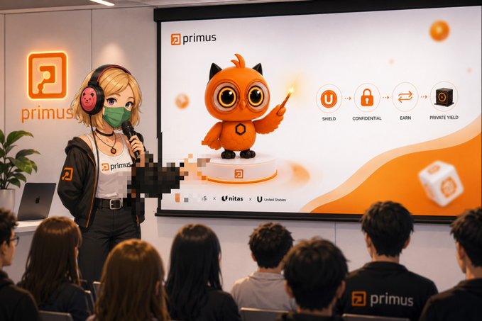 A masked presenter wearing headphones and a "primus" shirt speaks into a microphone before an audience at a Primus/Dreamvention event, with a large screen displaying a friendly orange owl mascot alongside the icons and labels "SHIELD," "CONFIDENTIAL," "EARN," and "PRIVATE YIELD"—visually supporting a pitch about addressing the privacy problem inherent to on-chain finance.