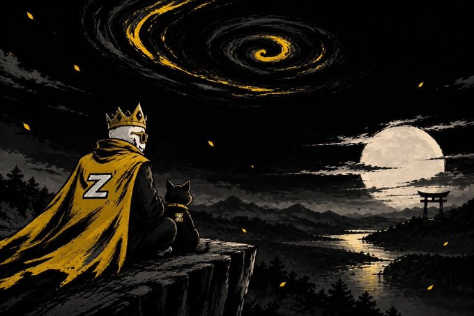 A crowned skeletal figure wearing a yellow cape emblazoned with a white "Z" sits beside a black cat on a cliff, gazing at a swirling cosmic vortex, full moon, and torii gate landscape — fitting imagery for the "Zeckers Community Giveaway" promoting 10 guaranteed mint spots for the Zcash-based Zeckers NFT collection.