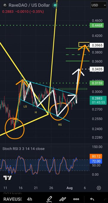 A trading chart for RaveDAO/US Dollar (RAVEUSD) showing technical analysis with drawn lines, annotations including 'LS', 'H', 'RS', and a Stoch RSI indicator at the bottom.