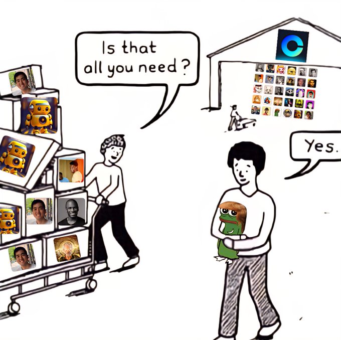 A cartoon depicts a person pushing a cart full of digital images and avatars while asking 'Is that all you need?' Another person responds 'Yes.' while hugging a Pepe the Frog plushie, with a 'C' logo displayed on a building resembling a dataset.