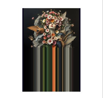 A surreal digital artwork features a classical female bust adorned with a crown of pink and white flowers, with a small bird perched nearby, as liquid streams of green, orange, and white flow downward against a black background—evoking a creative NFT piece tied to the Tezos ($xtz) blockchain theme of "Unexamined anatomy."