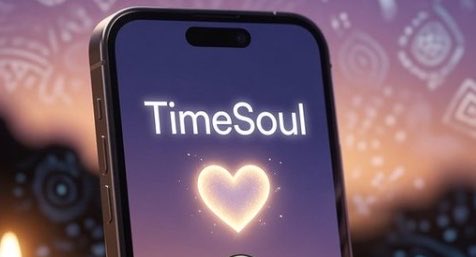 A smartphone screen displaying the text 'TimeSoul' above a glowing heart icon, set against a decorative background with mystical symbols.