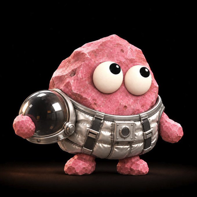 A 3D render of a small, pink, rock-like creature with large eyes wearing a silver space suit and holding a glass helmet against a black background.