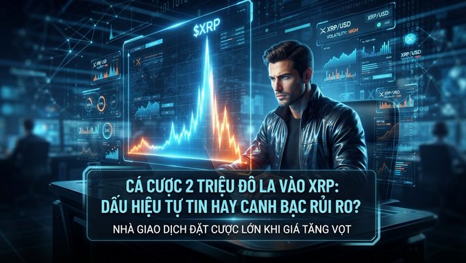A digital illustration of a man in a leather jacket looking at a glowing financial chart labeled "$XRP", with Vietnamese text reading "CÁ CƯỢC 2 TRIỆU ĐÔ LA VÀO XRP: DẤU HIỆU TỰ TIN HAY CANH BẠC RỦI RO?" (A $2 million bet on XRP: A sign of confidence or a risky gamble?).