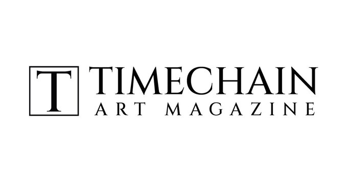 A black-and-white logo for 'TIMECHAIN ART MAGAZINE' featuring a large 'T' in a square box next to the title text.