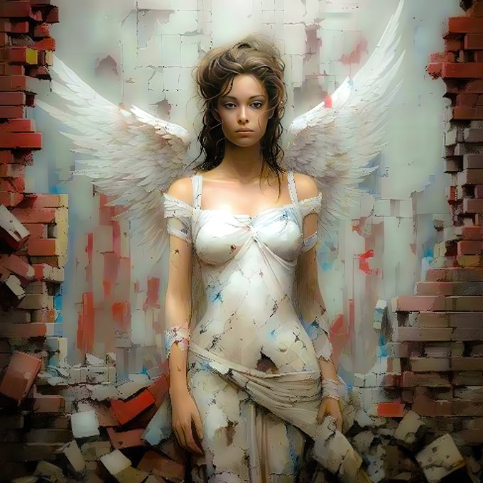 An artistic illustration of a somber woman with large white wings wearing a torn white dress, standing against a cracked, colorful brick wall.