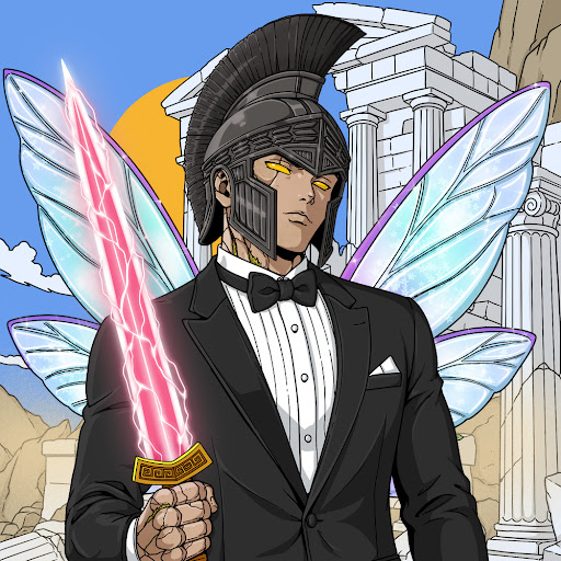 A digital illustration of a warrior wearing a black tuxedo over armor, a black helmet, and translucent fairy wings, holding a glowing pink sword with classical Greek ruins in the background.