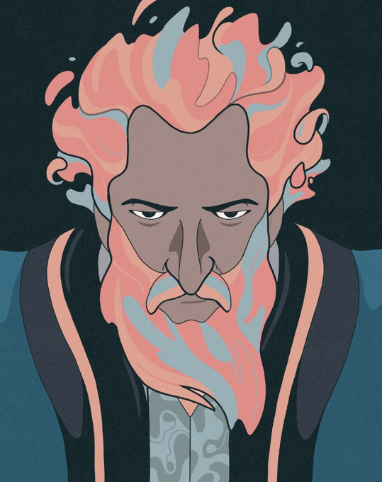 A stylized cartoon illustration shows a stern-looking bearded man with fiery orange hair and beard, wearing a dark blue jacket.