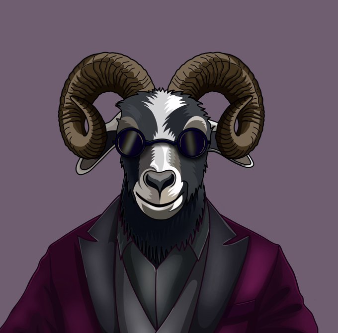 A stylized illustration of a confident, anthropomorphic ram wearing round sunglasses and a sleek burgundy blazer against a purple background, embodying the "goat" theme referenced in the post about the $GOAT memecoin on Pools Trade.