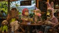 A small, blurry illustration of various cartoon animals, including bears, a chicken, and a rabbit, sitting together at a table in what appears to be a cafe or bar setting.