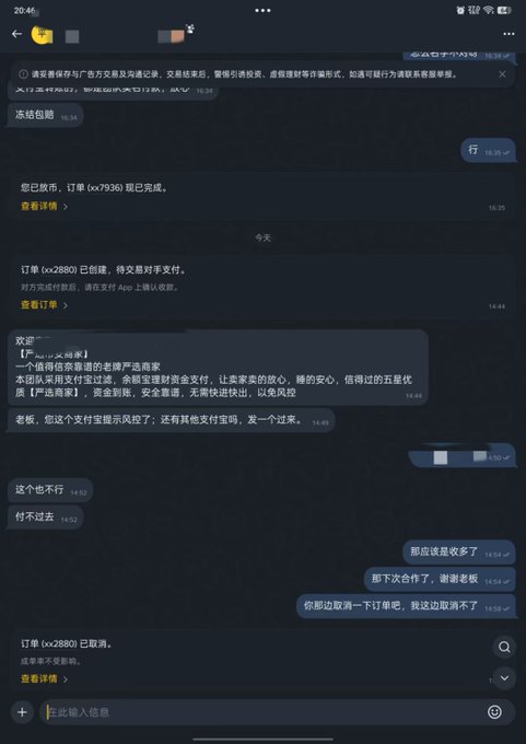 A screenshot of a Chinese-language chat conversation, appearing to be between a buyer and seller on a peer-to-peer trading platform, with a long text message from the seller and several replies on the right side.