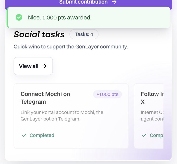 The image shows a GenLayer Portal "Social tasks" section displaying a "Connect Mochi on Telegram" task that has been completed, awarding +1,000 pts, with another "Follow [Internet Computer/Internet Agent] on X" task also marked completed—matching the post's guide to earn points by completing social tasks on the GenLayer Portal.