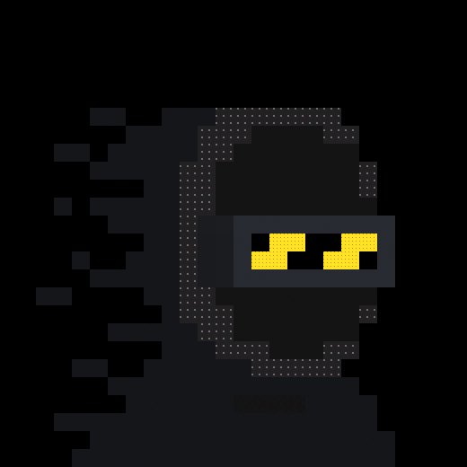 A pixelated, dark gray hooded figure with glowing yellow rectangular eyes (labeled "Z-FRAME") emerges from a black background, embodying the cryptic $ZEC (Zcash) zkSNARK aesthetic described in the accompanying trait data.