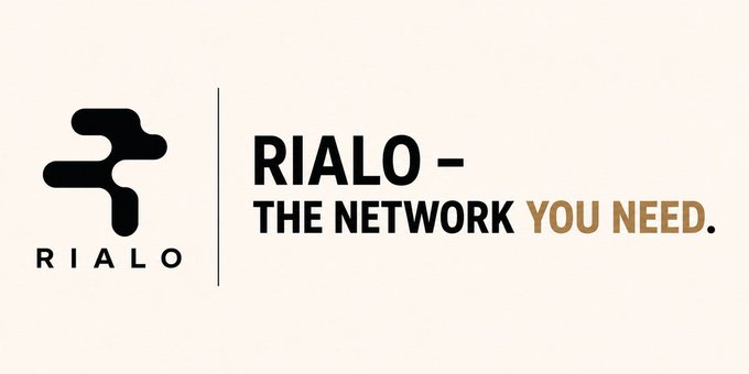 A minimalist logo design for 'RIALO' featuring a black abstract symbol, with the tagline 'THE NETWORK YOU NEED.' in black and gold text on a cream background.
