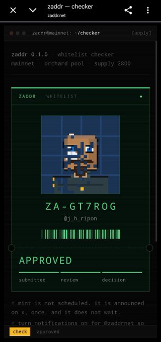 A screenshot of a zaddr whitelist checker showing 'APPROVED' status for ZA-GT7ROG by @j_h_ripon.
