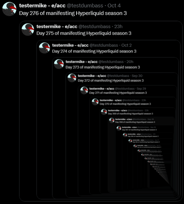 A recursive image showing multiple nested screenshots of tweets from 'testermike - e/acc' (@testdumbass) starting from 'Day 276 of manifesting Hyperliquid season 3'.