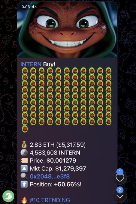 A mobile screen shows a purchase of 2.83 ETH ($5,317.59) worth of 4,583,608 INTERN tokens at $0.001279 each, under a cartoonish grinning character in a green hoodie, with a +50.66% position gain and a "#10 TRENDING" tag. The image illustrates the post's claim that an $INTERN holder made a ~$5K buy, reinforcing the meme's "buy button" narrative and its trending status.