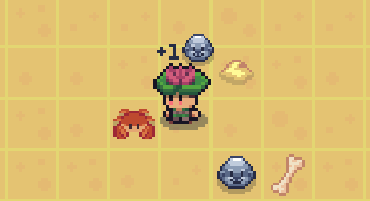 A pixel art game scene showing a small character with pink hair collecting items, including rocks (+1) and bones, on a yellow tiled background.