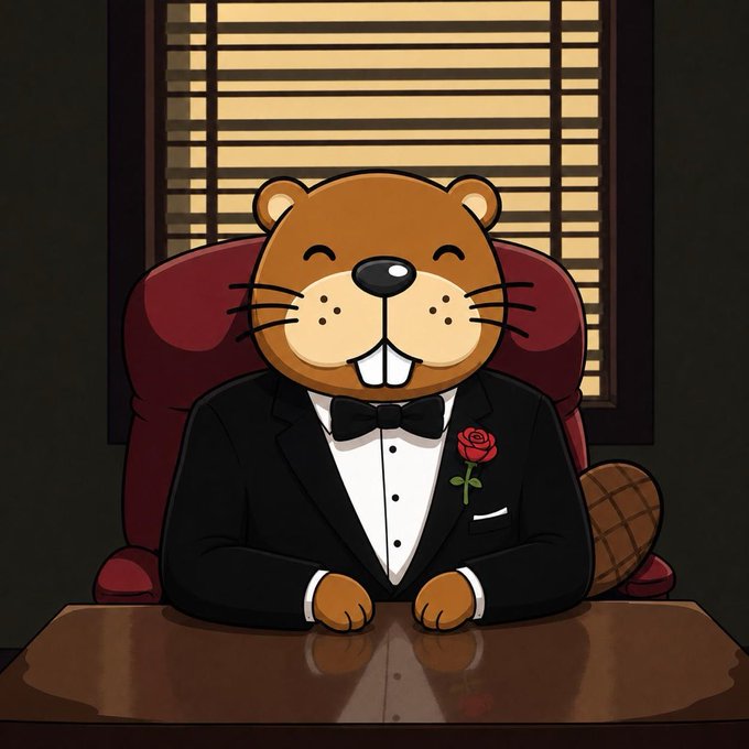A cartoon illustration shows a smiling beaver wearing a black tuxedo with a bow tie and a red rose boutonniere, sitting at a desk in a red chair in front of wooden window blinds.