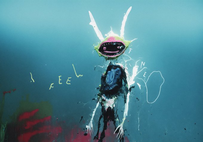 A haunting digital painting of a skeletal, otherworldly figure with elongated horns, a single large eye, and thin limbs, set against a murky teal background with faint yellow text that reads 'I FEEL FINE'.
