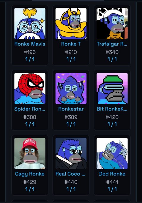 A collection of nine NFT profile pictures featuring a stylized gorilla character with various themes and names like 'Ronke Mavis #196', 'Ronke T #210', and 'Spider Ron... #388'.