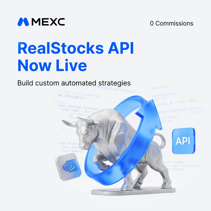 A promotional banner for MEXC announces 'RealStocks API Now Live' with the subtitle 'Build custom automated strategies,' featuring a 3D white bull statue encircled by a blue arrow and floating 'API' icon.
