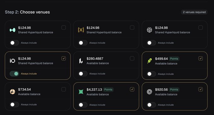 A cryptocurrency exchange interface titled "Step 2: Choose venues" shows multiple balances including Hyperliquid shares ($124.98), Available balances ($280.4887 and $734.54), and Points balances ($499.64, $4,337.13, and $920.56), with four venues selected.