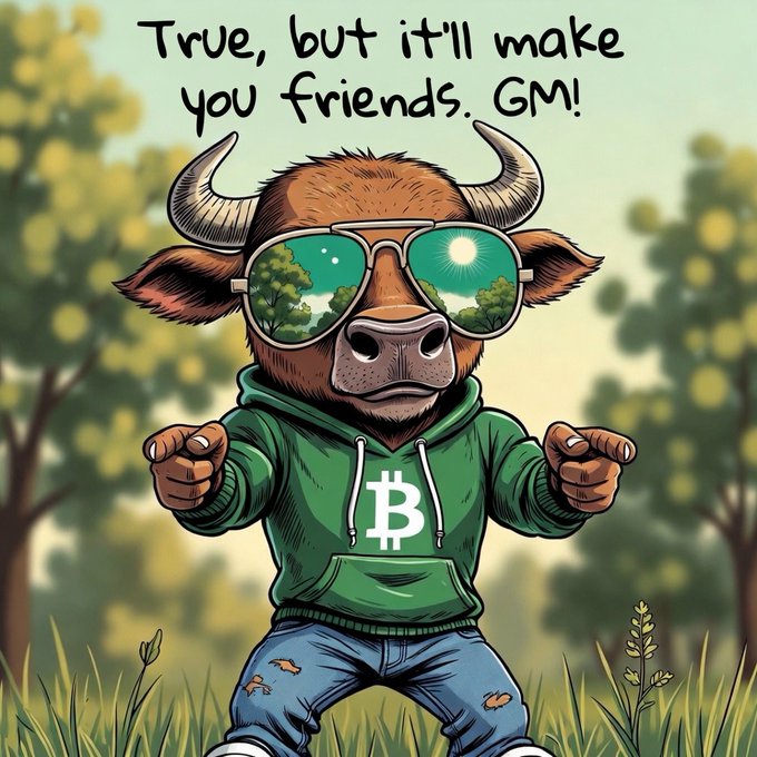 The image features a cartoon bull wearing sunglasses, a green hoodie with a white "B", and blue jeans. The bull has its horns raised high above its head. In the background, there are trees visible behind the bull. The caption of the image reads "True, but it'll make friends. GM!".