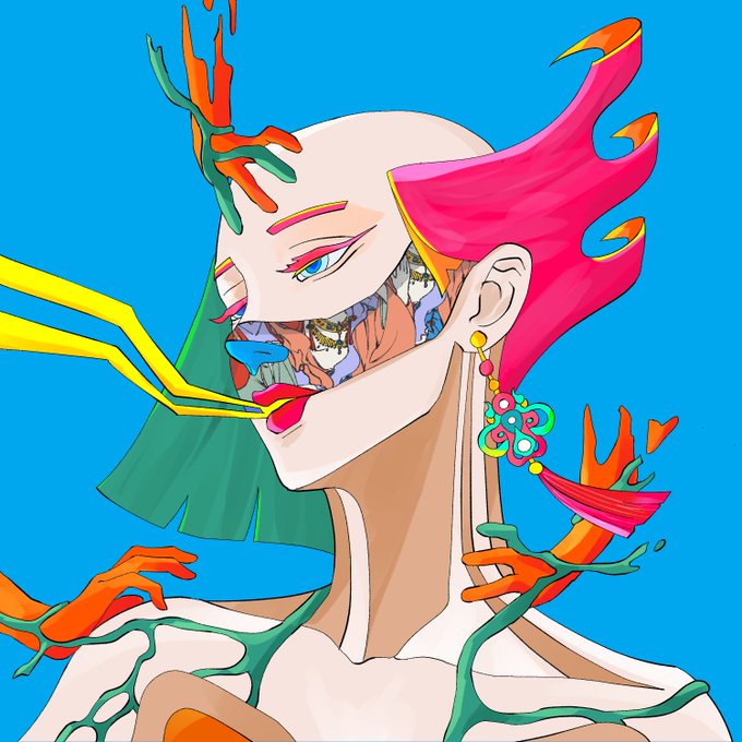 A vibrant digital illustration of a stylized female figure with a bald head on one side and bright pink flame-like hair on the other, with green branch-like arms and coral-colored hands reaching toward her face.