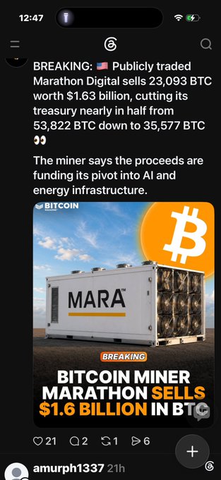 A Threads social media post reading 'BREAKING: 🇺🇸 Publicly traded Marathon Digital sells 23,093 BTC worth $1.63 billion, cutting its treasury nearly in half from 53,822 BTC down to 35,577 BTC,' noting the proceeds fund AI and energy infrastructure.
