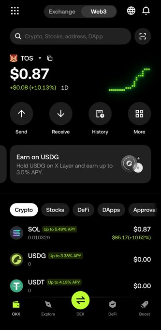 A cryptocurrency app interface showing the price of TOS at $0.87 with a +10.13% gain, including Send/Receive/History options and a list of assets like SOL, USDG, and USDT.