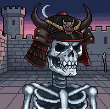 Pixel art of a skeleton wearing an ornate samurai helmet with horns and a demon face crest, set against a castle battlements background at dusk with a crescent moon.