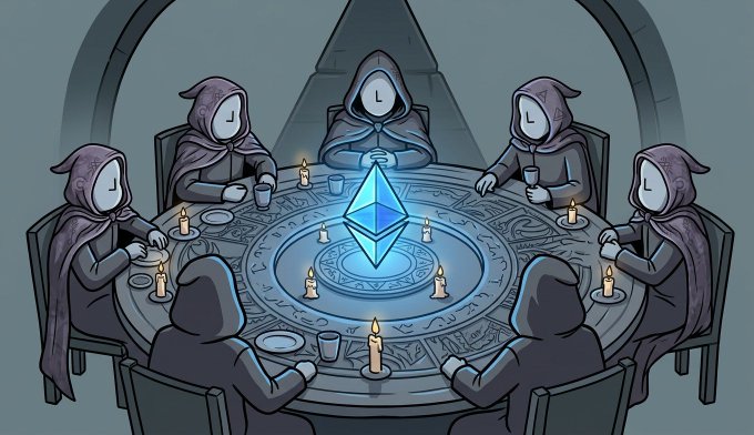 Seven hooded, faceless figures sit around a circular table inscribed with runes, gathered around a glowing blue crystal pyramid illuminated by lit candles. The scene evokes a mysterious ritual or council, fitting the "Gmgm NPCs" theme with its enigmatic, otherworldly characters.