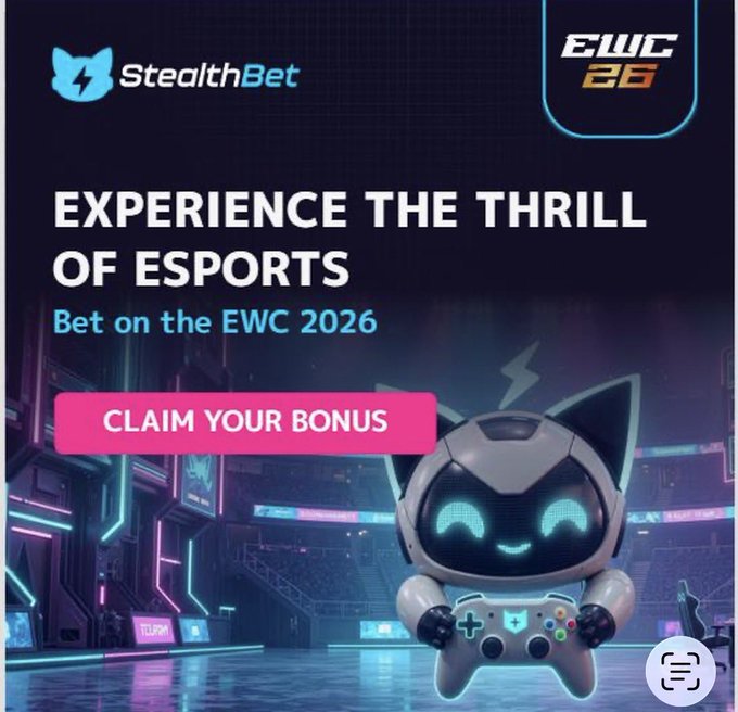This image advertises StealthBet, promoting a bonus for betting on "EWC 2026" with the tagline "EXPERIENCE THE THRILL OF ESPORTS". The graphic also features a cute robot character holding a video game controller, reinforcing the esports theme.