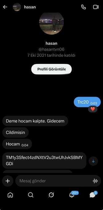 The image shows an Instagram DM conversation with user "hasan" (@hasantvn06), who joined on October 7, 2021. The exchange includes messages like "Deme hocam kalpte. Gidecem" and "Cıldımısın," followed by a message containing a crypto wallet address (TM1y3Sfect4zdNXtV2u3twUhJvkSBMYGD1). This appears to be a giveaway entry interaction where the user followed instructions to send their wallet address, tying into the post's call for participants to keep engaging for prize opportunities.