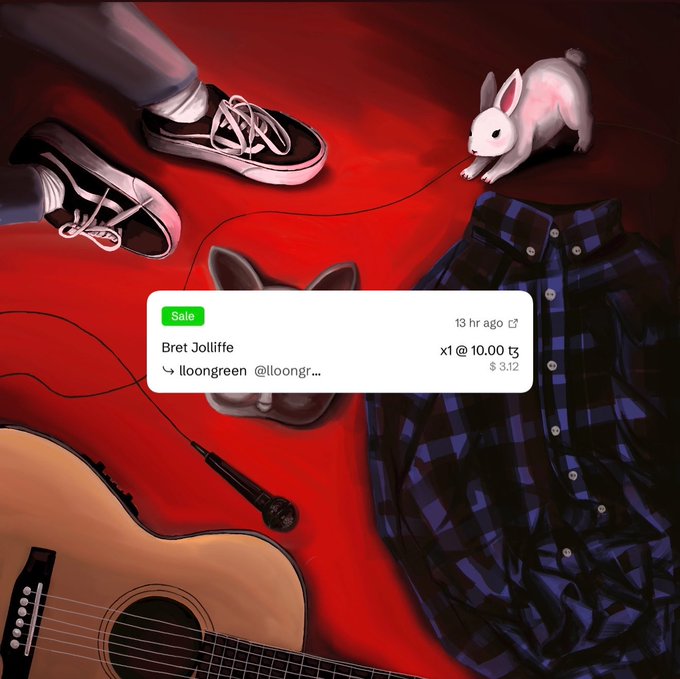 A digital art illustration featuring shoes, a rabbit, a guitar, and a checkered shirt on red background, with an overlay showing a sale transaction for artwork by 'lloongreen'.