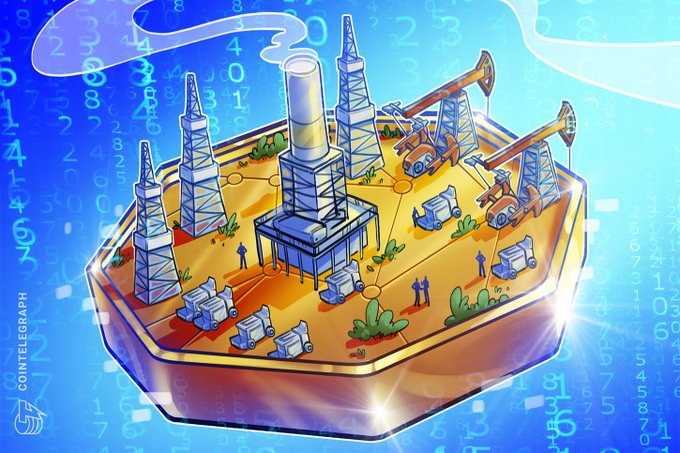 A colorful Cointelegraph illustration depicting an isometric view of an oil drilling platform with cranes, derricks, and worker figures on a yellow base, set against a blue background with numerical patterns.