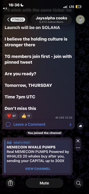 A Telegram mobile screenshot showing a message from 'Jaysalpha cooks' (5,472 subscribers) announcing a Solana launch scheduled for Thursday at 7pm UTC, with a memecoin advertisement for 'MEMECOIN WHALE PUMPS' visible below.