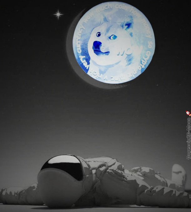 An astronaut lies on the ground in a dark landscape, gazing up at a large celestial body displaying a Shiba Inu dog (Doge meme) with the text 'wow much coin how money so crypto plz mine v rich very currency'.