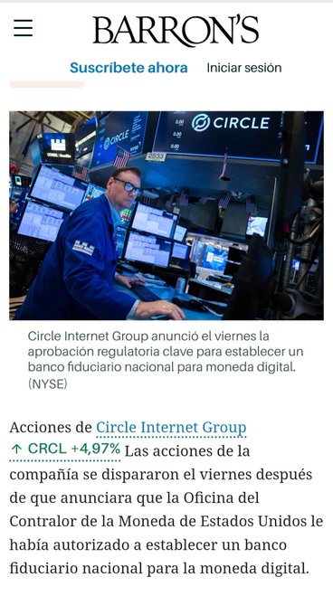 A Barron's news article in Spanish about Circle Internet Group receiving regulatory approval for a national trust bank for digital currency, with the stock (CRCL) up 4.97% on the NYSE.