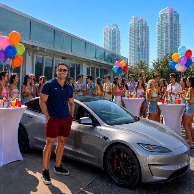 A man wearing sunglasses, a navy polo shirt, and red shorts stands confidently in front of a silver Tesla car at what appears to be an outdoor rooftop party with colorful balloons and people mingling.