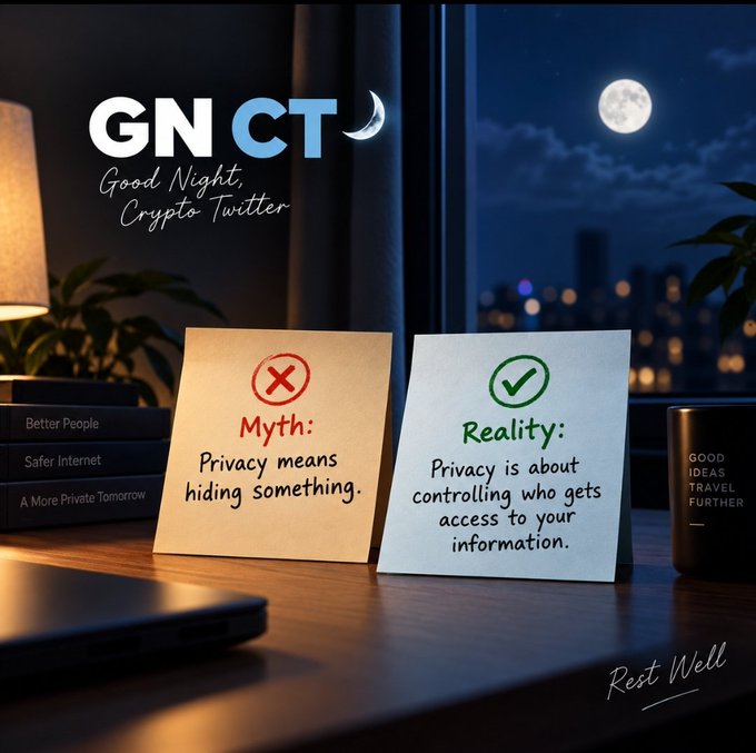 A 'Good Night, Crypto Twitter' graphic displayed on a night-time desk scene, contrasting the myth that 'Privacy means hiding something' with the reality that 'Privacy is about controlling who gets access to your information.'