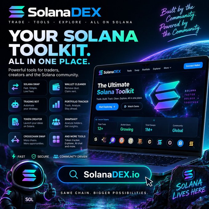 A promotional advertisement for SolanaDEX (SolanaDEX.io), described as 'Your Solana Toolkit. All in One Place' with features including Solana Swap, Wallet Cleaner, Trading Bot, Portfolio Tracker, Token Creator, Snapshot, and Crosschain Swap.