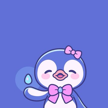 A cartoon penguin character with a pink bow tie and pink hair bow, smiling with closed eyes against a solid blue background.