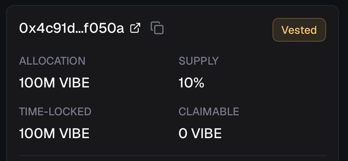 A token allocation screen shows an address (0x4c91d...f050a) with a 'Vested' status, displaying an allocation of 100M VIBE, 10% supply, 100M VIBE time-locked, and 0 VIBE claimable.