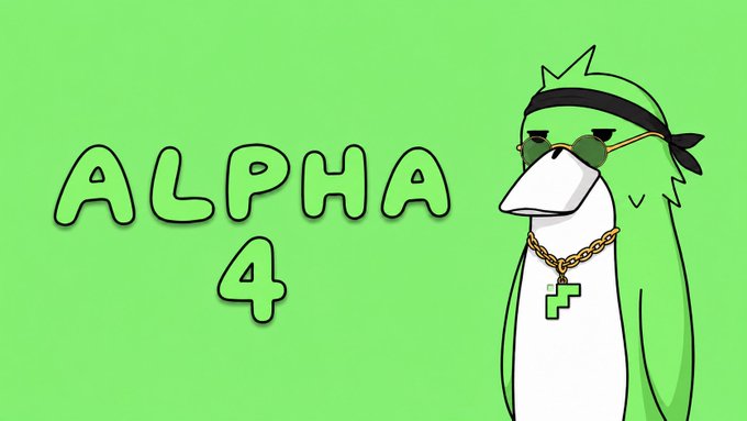 An illustration of a green penguin character wearing sunglasses, a black headband, and a gold chain with a '4' pendant, alongside the text 'ALPHA 4' on a green background.