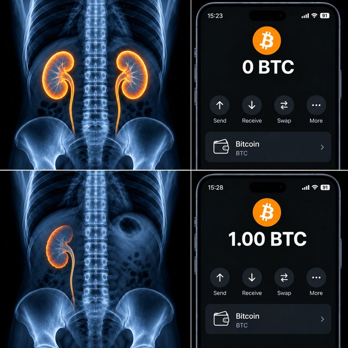 A two-panel comparison showing anatomical x-rays of kidneys glowing orange next to a cryptocurrency wallet app: the top panel shows '0 BTC' with two healthy kidneys, while the bottom panel shows '1.00 BTC' after one kidney appears removed.