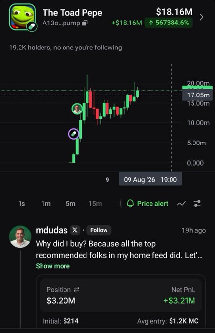 A trading chart for 'The Toad Pepe' meme coin showing a market cap of $18.16M with a massive 567,384.6% gain, displayed alongside a post by user 'mdudas' about his $3.20M position with a +$3.21M net profit.