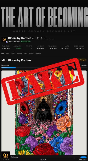 The image displays a screenshot of an NFT listing page for "Bloom by Darbles" showing a mint price of 0.032 ETH, overlaid with a large red "FAKE" stamp warning viewers about the scam. This visual directly supports the post's message, serving as a clear warning that such pages are unauthorized and not affiliated with the legitimate Bloom project.